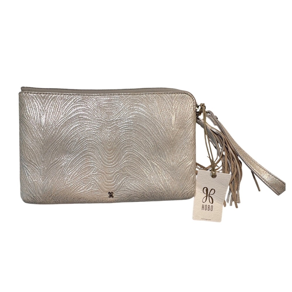 HOBO Metallic Leather Wave Stitched Wristlet Clutch Bag in Champagne Gold